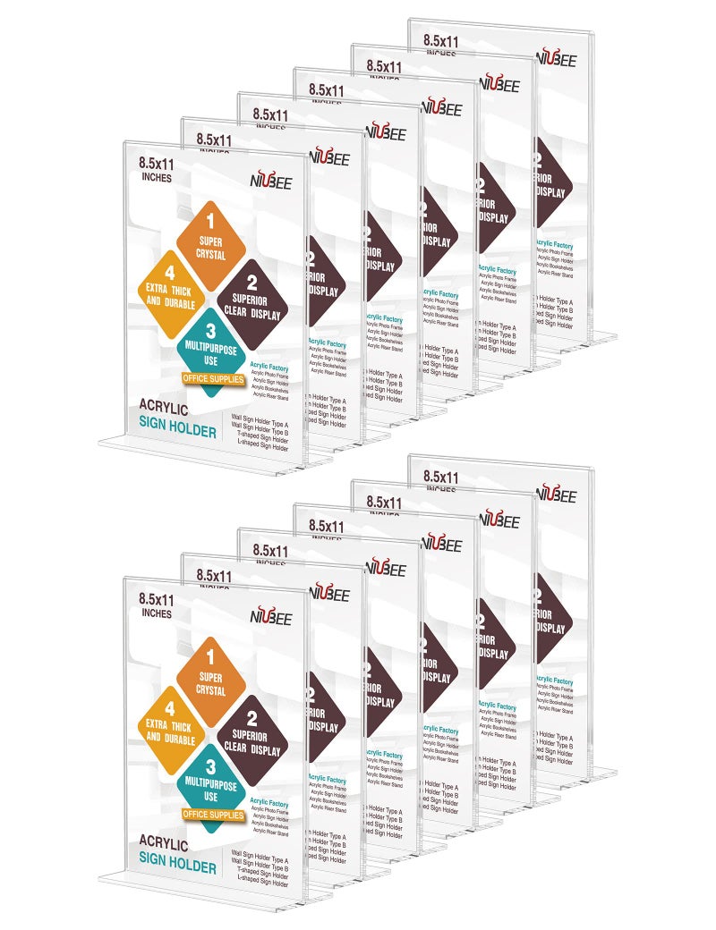 NIUBEE 12 Pack Acrylic Sign Holder 8.5 x 11 - T Shape Double Sided Clear Sign Holder for Table Top Display - Portrait Style - Image 1